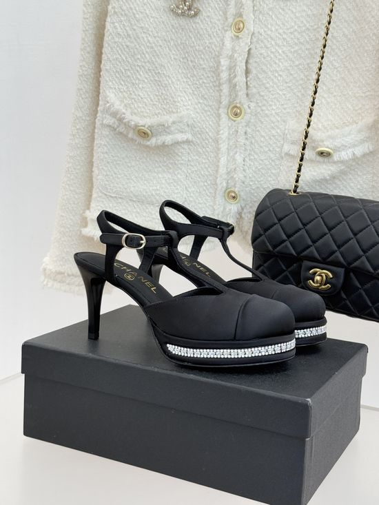 Chanel T Strap Rhinestone Platform High Heel Sandals Elegant Party Shoes