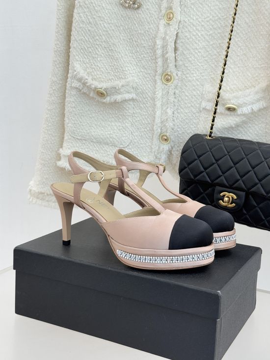 Chanel T Strap Rhinestone Platform High Heel Sandals Elegant Party Shoes