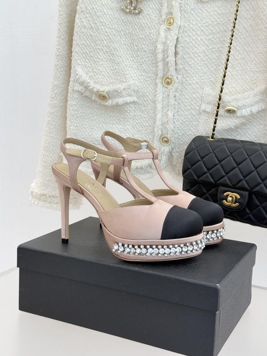 Chanel T Strap Rhinestone Platform High Heel Sandals Elegant Party Shoes