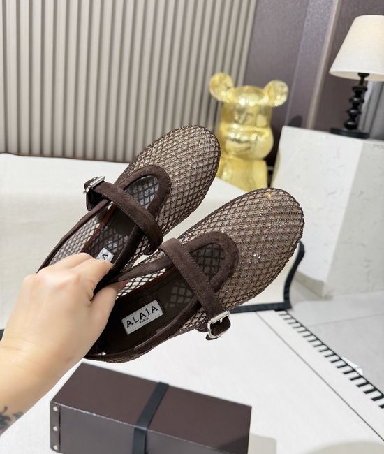 Alaia Mesh Rhinestone Buckle Strap Flat Ballet Shoes