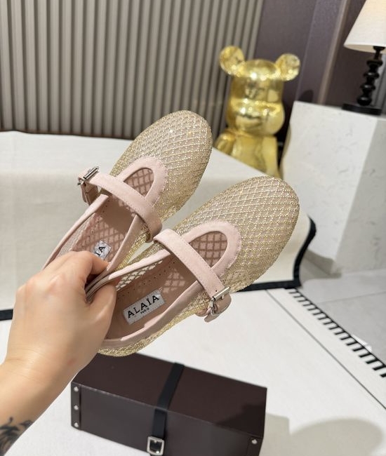 Alaia Mesh Rhinestone Buckle Strap Flat Ballet Shoes