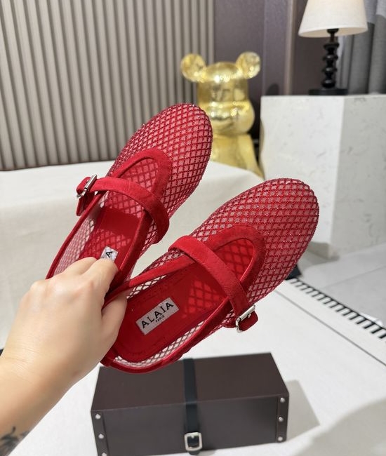 Alaia Mesh Rhinestone Buckle Strap Flat Ballet Shoes