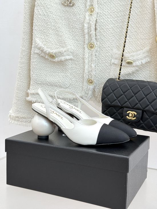 Chanel Pearl Heel Open Back Color Block Dress Sandals