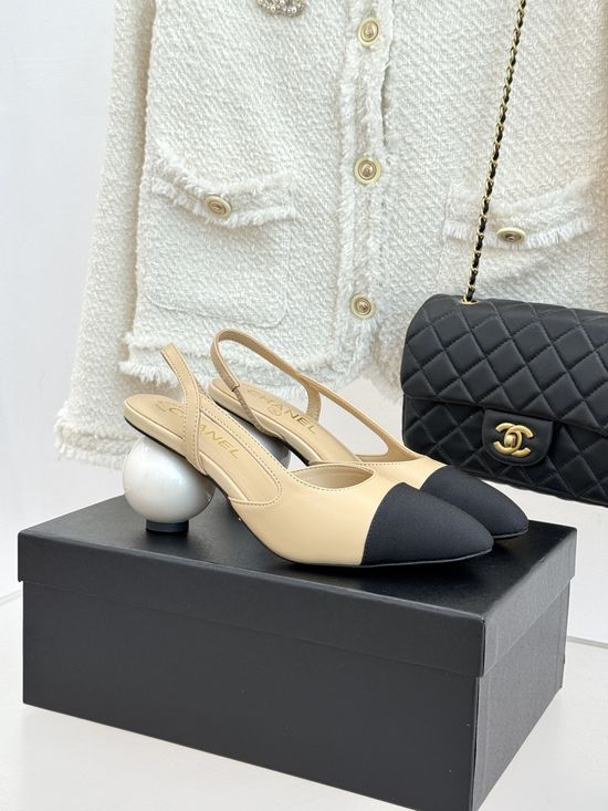 Chanel Pearl Heel Open Back Color Block Dress Sandals