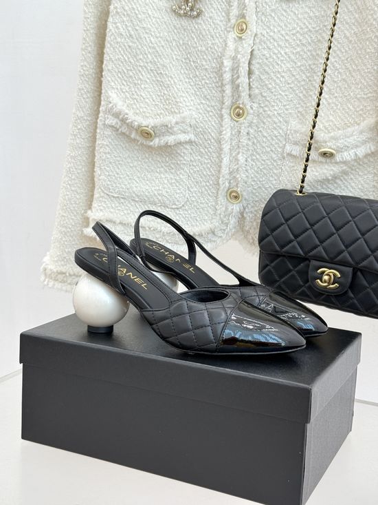 Chanel Pearl Heel Open Back Color Block Dress Sandals