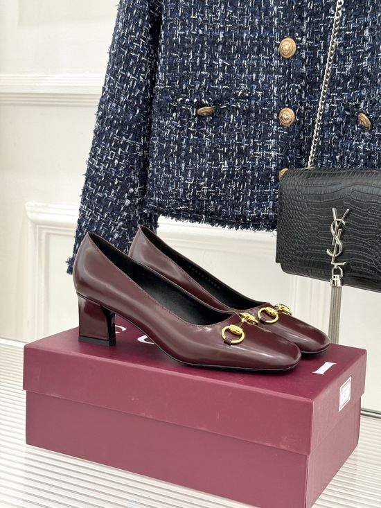 Gucci Classic Metal Accent Block Heel Leather Pumps