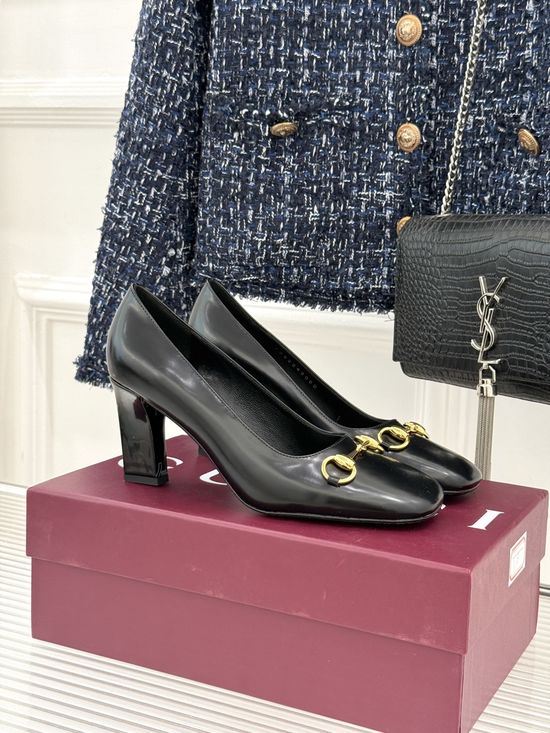 Gucci Classic Metal Accent Block Heel Leather Pumps