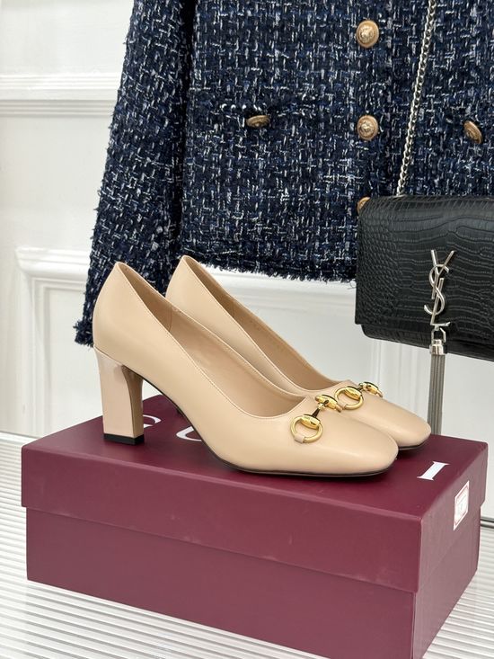 Gucci Classic Metal Accent Block Heel Leather Pumps
