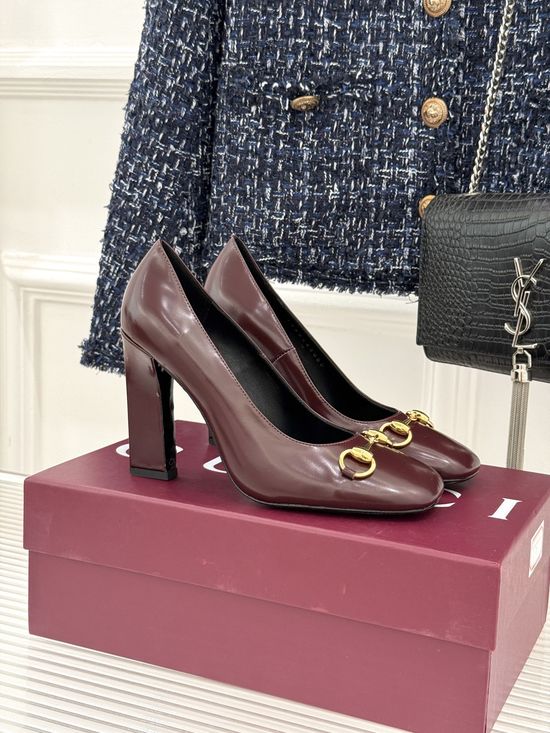 Gucci Classic Metal Accent Block Heel Leather Pumps