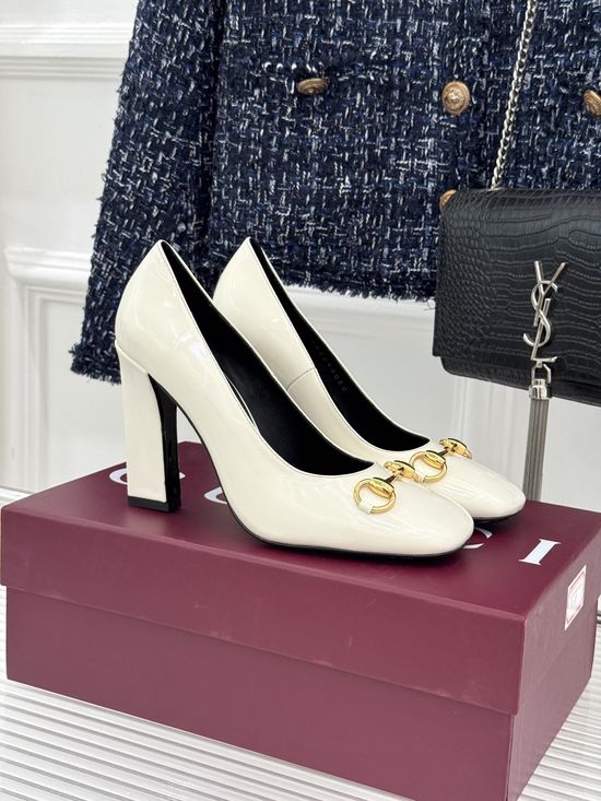 Gucci Classic Metal Accent Block Heel Leather Pumps