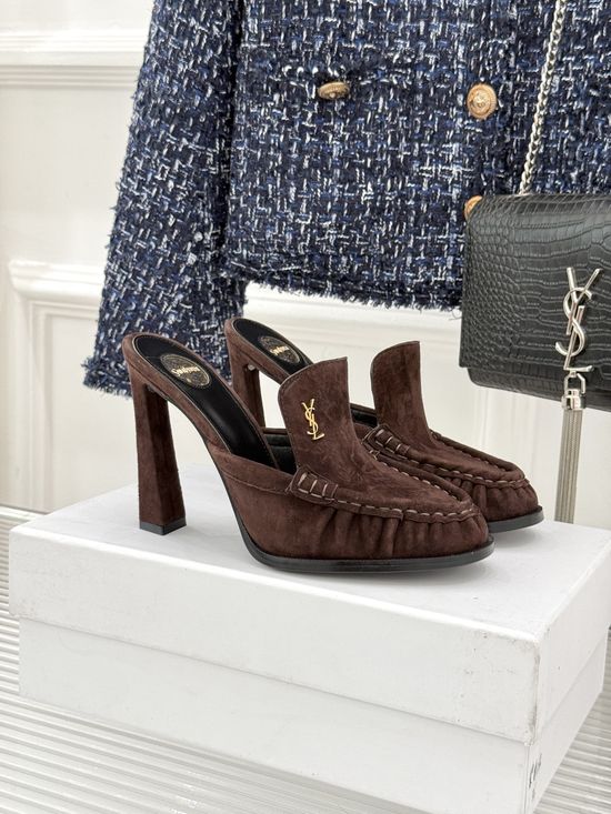 Yves Saint Laurent Minimalist Logo Peep Toe Stiletto Heel Mules