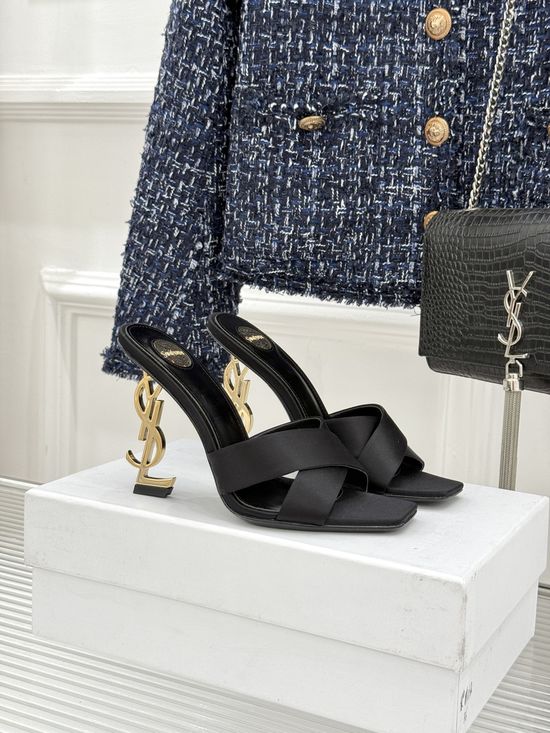 Yves Saint Laurent Satin Crisscross Strap Block Heel Slide Sandals