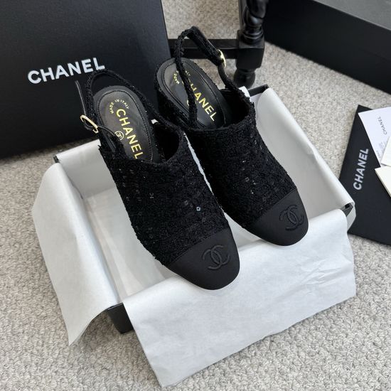 Chanel Classic Tweed Slingback Block Heel Sandals Leather Lined