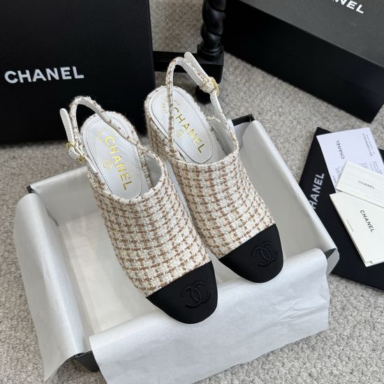 Chanel Classic Tweed Slingback Block Heel Sandals Leather Lined