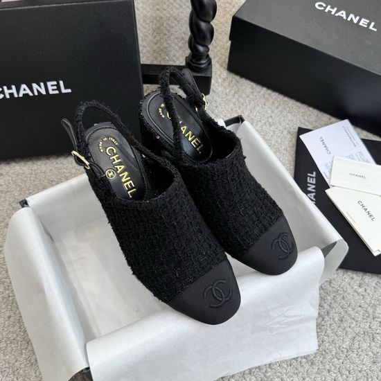 Chanel Classic Tweed Slingback Block Heel Sandals Leather Lined