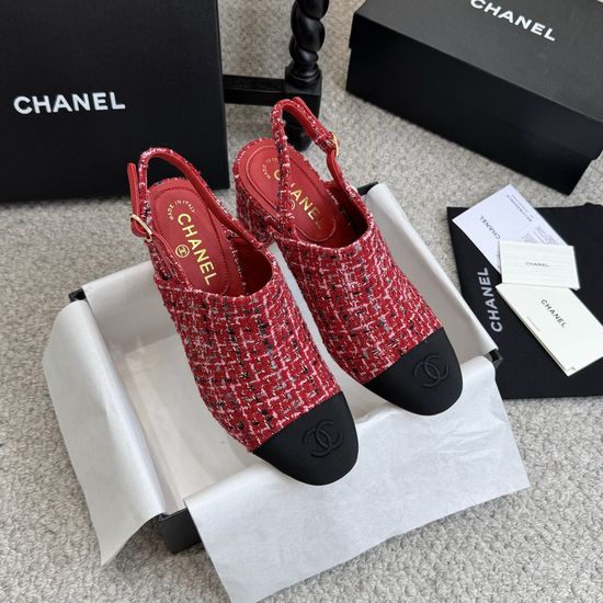 Chanel Classic Tweed Slingback Block Heel Sandals Leather Lined