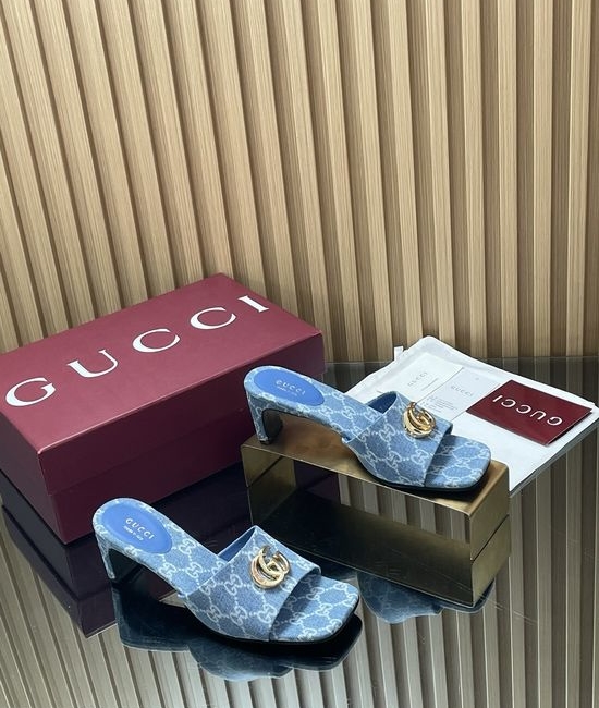 Gucci Denim Buckle Chunky Heel Open Toe Slide Sandals