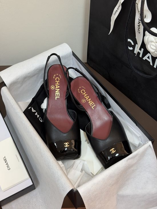 Chanel Square Toe Block Heel Slingback Leather Lined Shoes