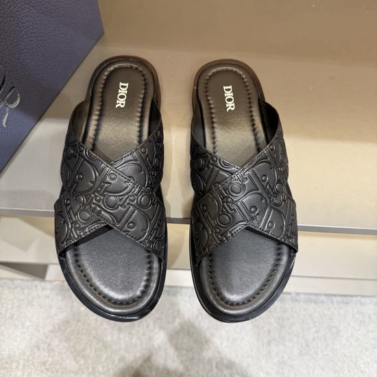 Christian Dior Genuine Leather Slides with Printed Fabric Brass Logo Detail