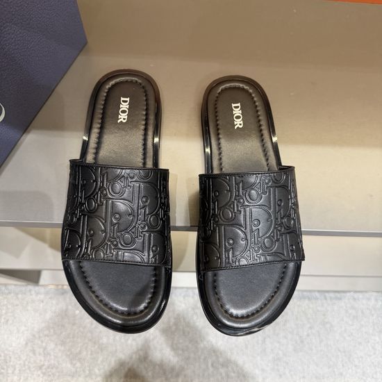 Christian Dior Genuine Leather Slides with Printed Fabric Brass Logo Detail