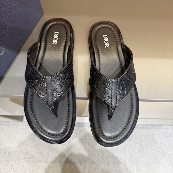 Christian Dior Genuine Leather Slides with Printed Fabric Brass Logo Detail