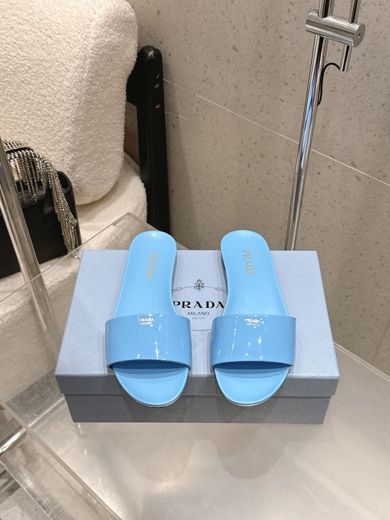 Prada Patent Leather Strap Flat Beach Slides With Sheepskin Lining