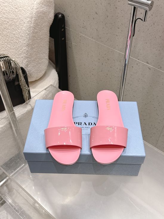 Prada Patent Leather Strap Flat Beach Slides With Sheepskin Lining