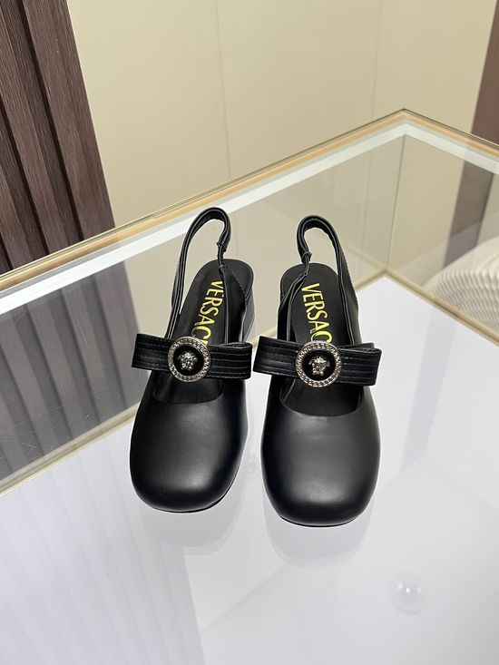 Versace Round Toe Leather Sandals Low Heel Comfortable Daily Wear