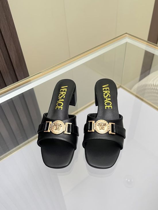 Versace Cowhide Chunky Heel Mules Comfortable Casual Footwear