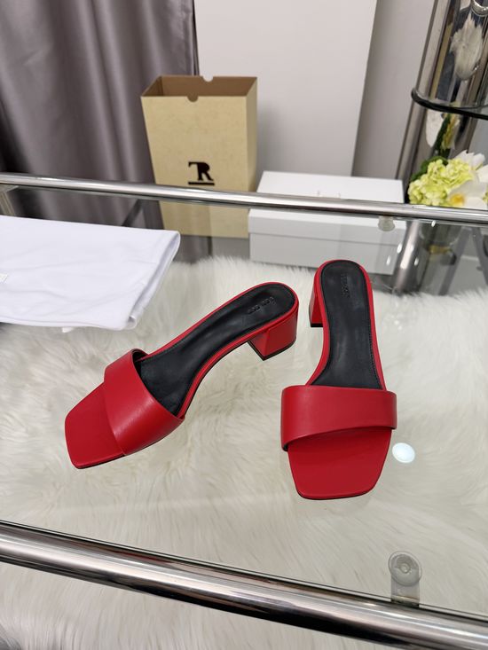 The Row Square Toe Block Heel Leather Slide Shoes Minimalist Versatile