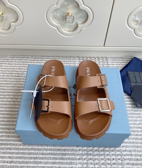 Prada Double Buckle Strap Thick Sole Slides Minimalist Stylish Non Slip Shoes
