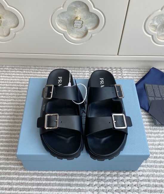 Prada Double Buckle Strap Thick Sole Slides Minimalist Stylish Non Slip Shoes
