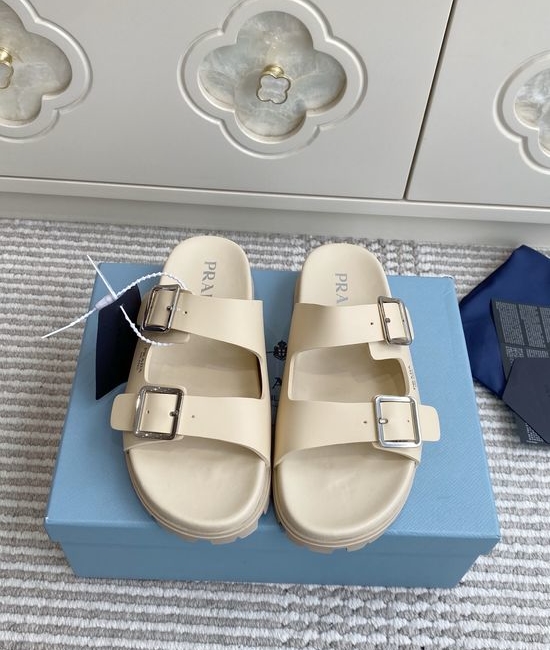 Prada Double Buckle Strap Thick Sole Slides Minimalist Stylish Non Slip Shoes