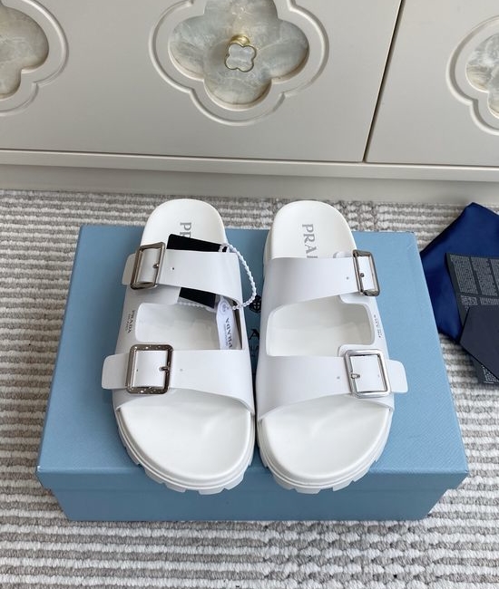 Prada Double Buckle Strap Thick Sole Slides Minimalist Stylish Non Slip Shoes