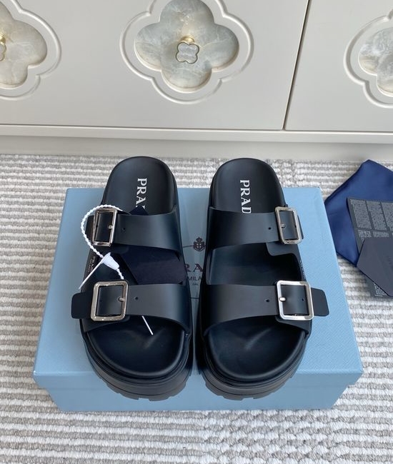 Prada Double Buckle Strap Thick Sole Slides Minimalist Stylish Non Slip Shoes