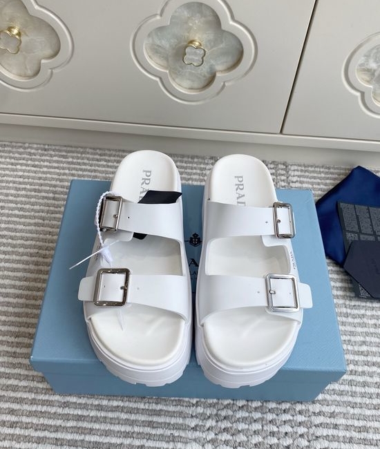 Prada Double Buckle Strap Thick Sole Slides Minimalist Stylish Non Slip Shoes