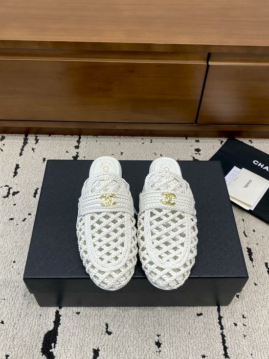 Chanel Woven Mule Slippers with Metal Buckle Detail