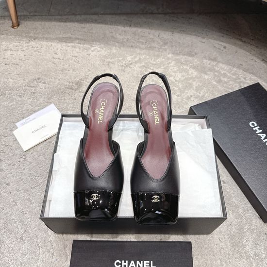 Chanel Color Block Square Toe Low Heel Leather Sandals