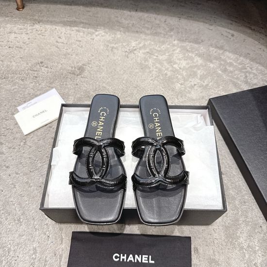 Chanel Square Toe Leather High Heel Slide Sandals