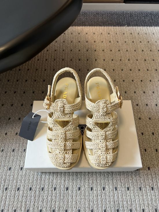 Prada Hand-Woven Chunky Roman Sandals with Metal Logo