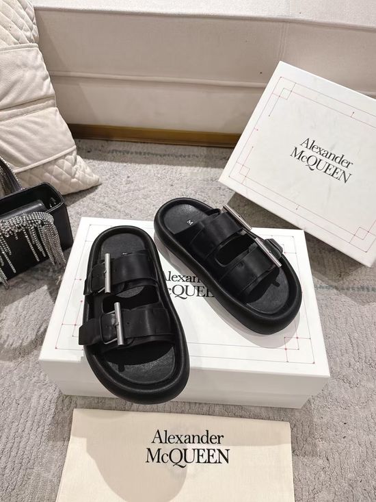 McQueen Genuine Leather Double Buckle Casual Slides