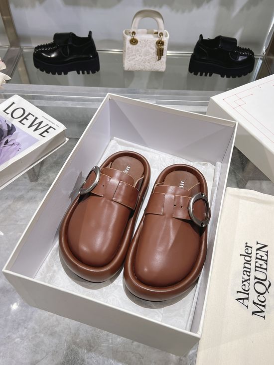 McQueen Genuine Leather Double Buckle Casual Slides