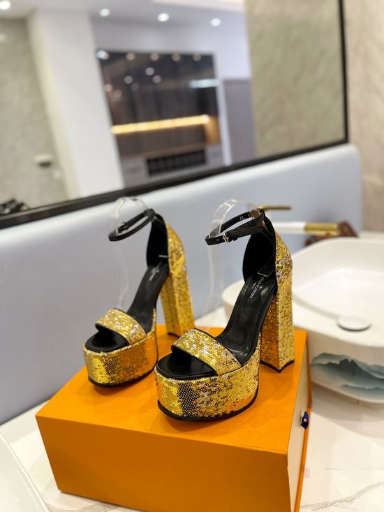 Louis Vuitton Sequined High Heel Sandals with Genuine Leather Lining