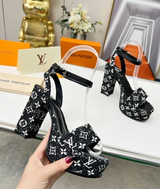 Louis Vuitton LV Rhinestone Buckle Platform Heels Premium Denim Leather Upper Soft Insole