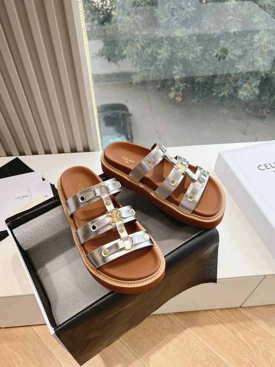 Celine Vintage Style Leather Flat Slide Sandals