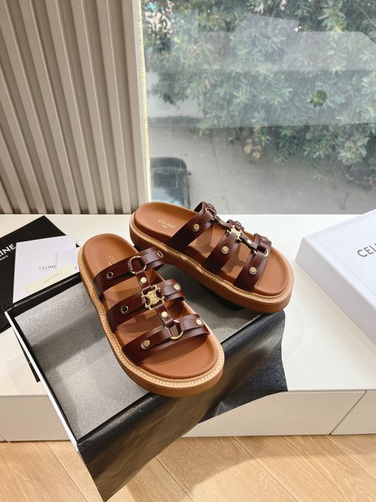 Celine Vintage Style Leather Flat Slide Sandals