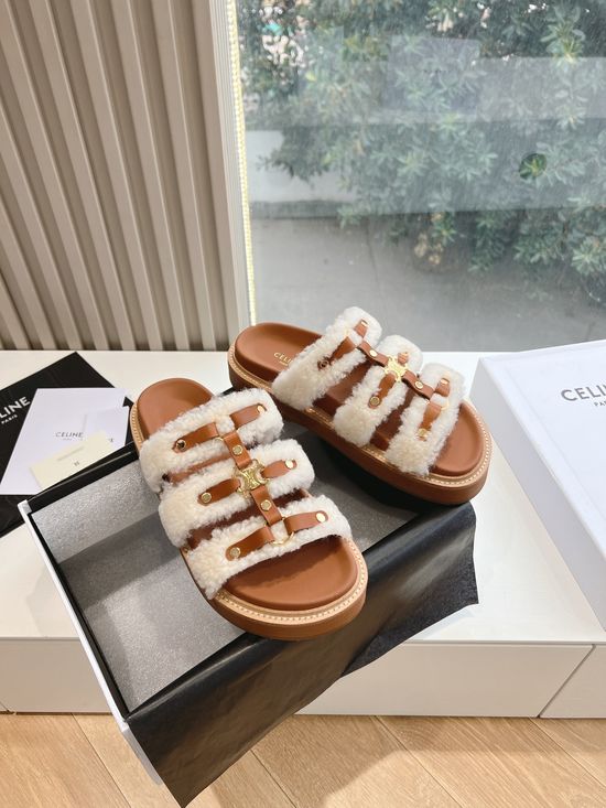 Celine Premium Fur Lined Leather Flat Slide Sandals