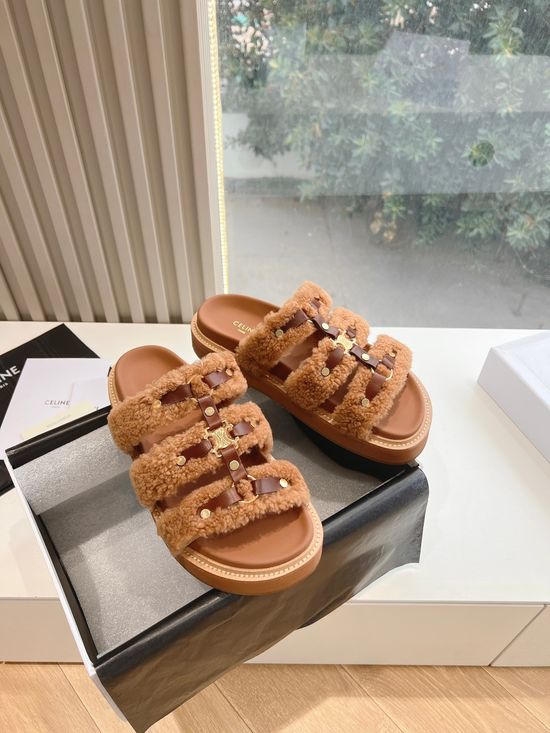Celine Premium Fur Lined Leather Flat Slide Sandals