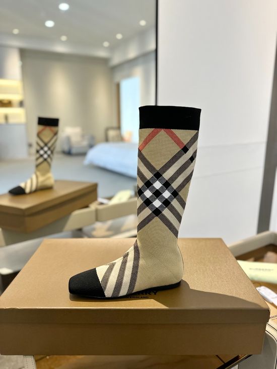 Burberry Plaid Stretch Knit Low Heel Knee High Boots