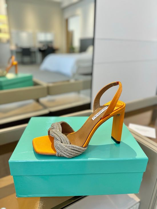 Jimmy Choo Elegant Silk High Heel Sandals with Twisted Rhinestone Straps